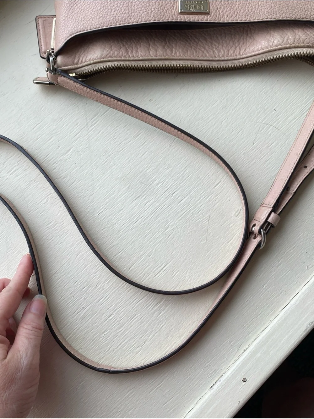 Coach Madison East West Pebbled Leather Crossbody Purse in Blush Pink dirty